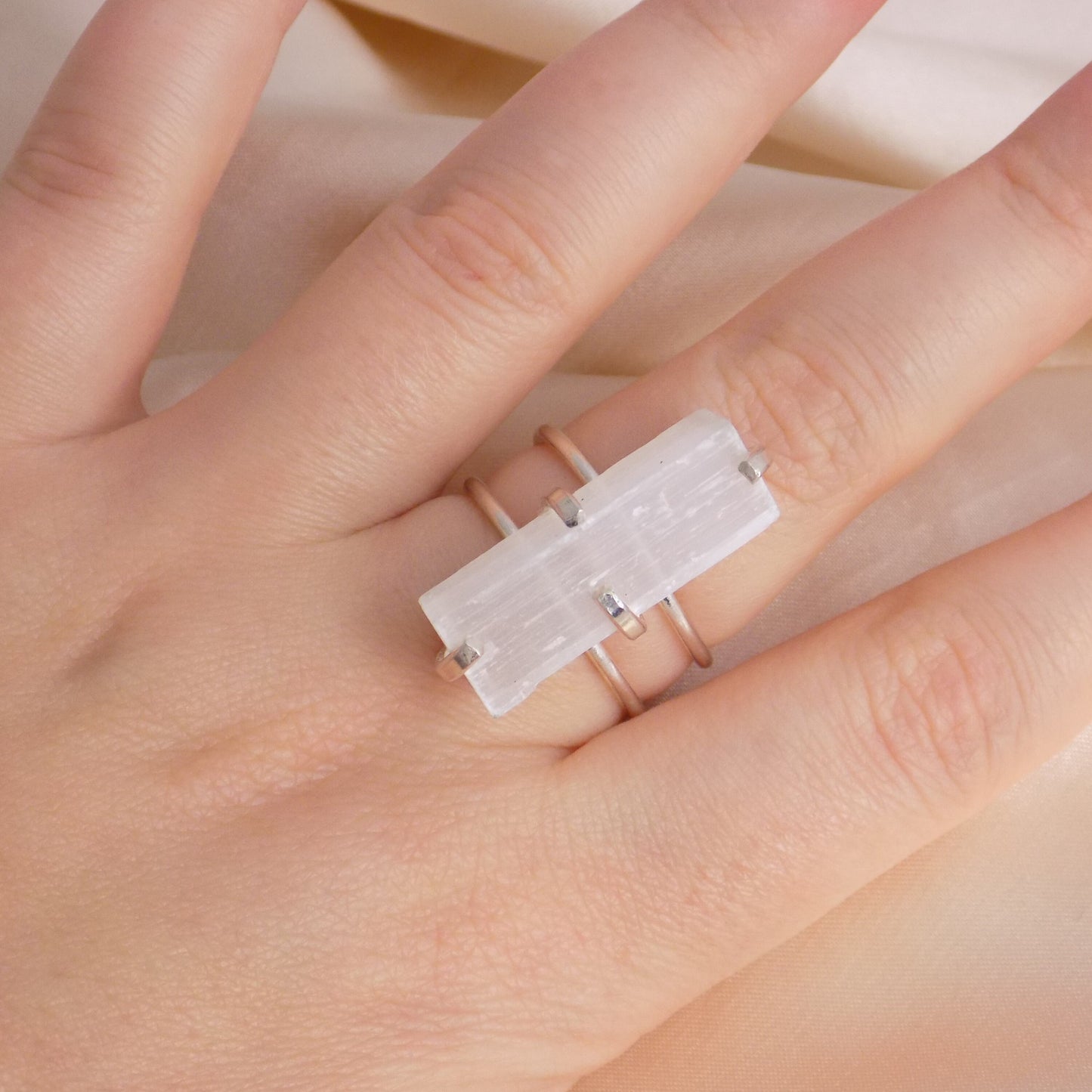 White Selenite Ring Silver Adjustable, Cleansing Healing Crystal Rings for Women, Christmas Gifts For Her, G15-177