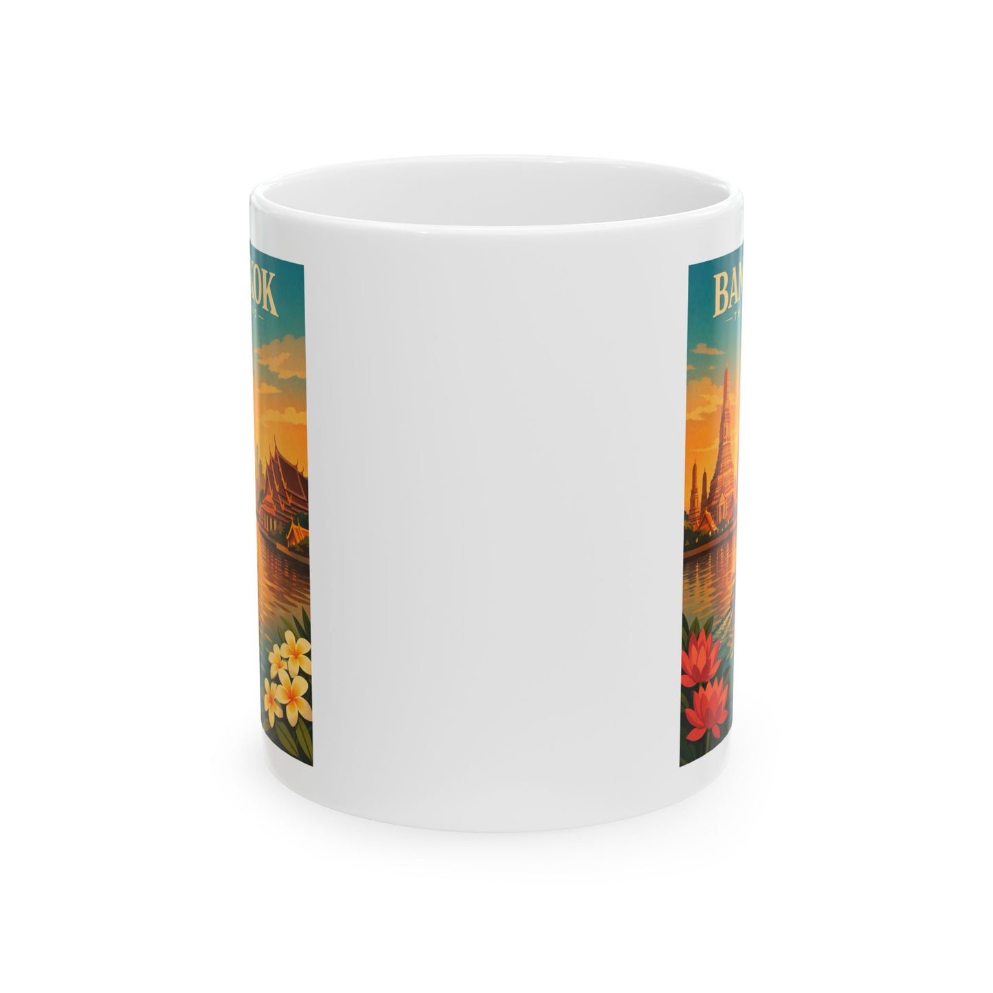 Bangkok Vintage Travel Mug, Scenic Sunrise Cityscape Ceramic Mug, Wat Arun Mug