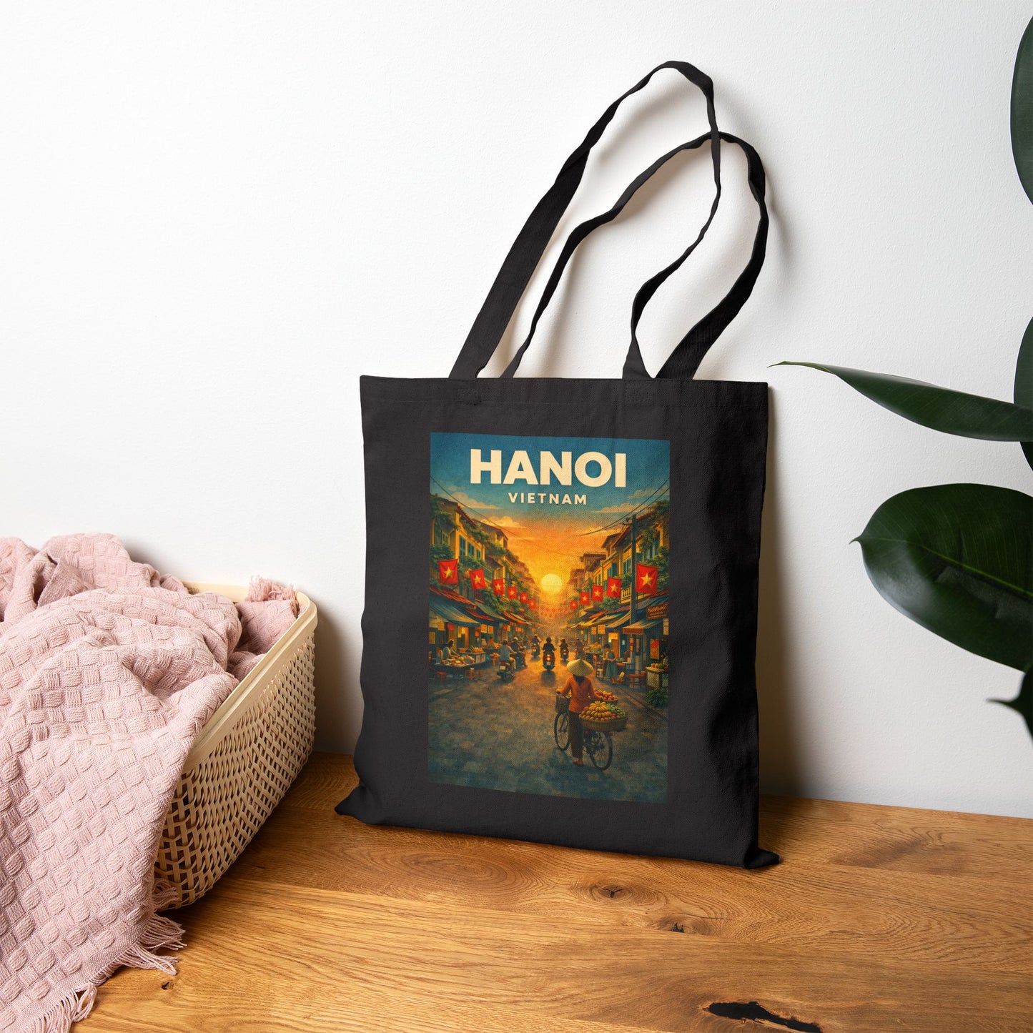 Hanoi Vintage Travel Poster Tote Bag, Old Quarter Vietnam Street Scene