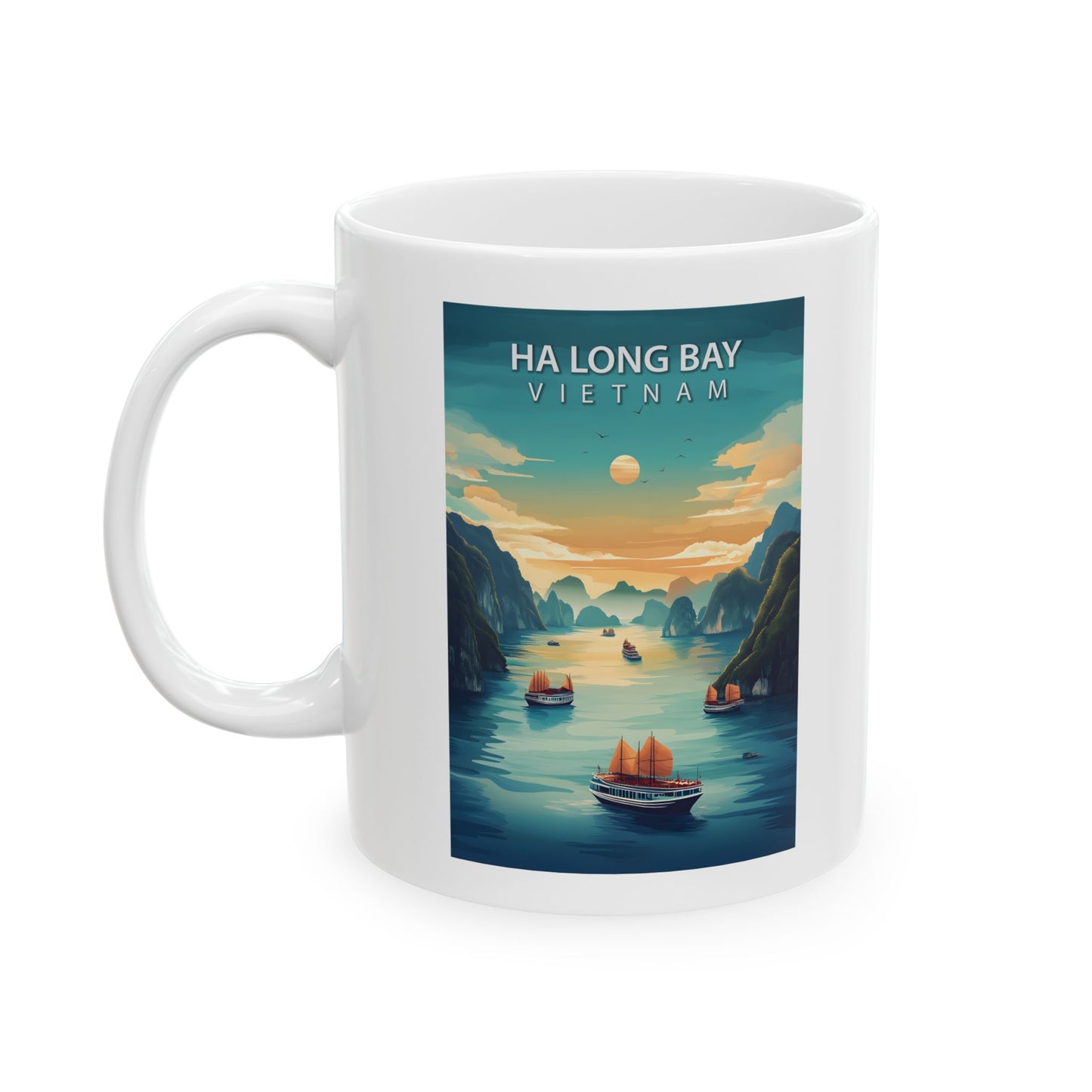 Ha Long Bay Vietnam Mug, Sunset Cliff Illustration Mug, Scenic Seascape Ceramic Coffee Cup