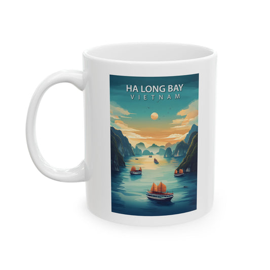 Ha Long Bay Vietnam Mug, Sunset Cliff Illustration Mug, Scenic Seascape Ceramic Coffee Cup