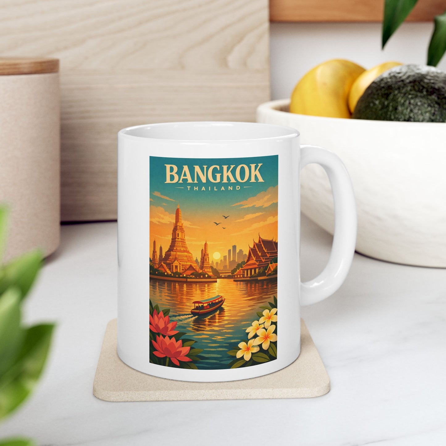 Bangkok Vintage Travel Mug, Scenic Sunrise Cityscape Ceramic Mug, Wat Arun Mug