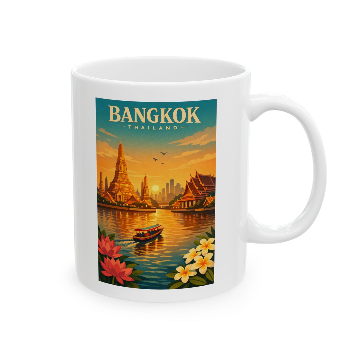 Bangkok Vintage Travel Mug, Scenic Sunrise Cityscape Ceramic Mug, Wat Arun Mug