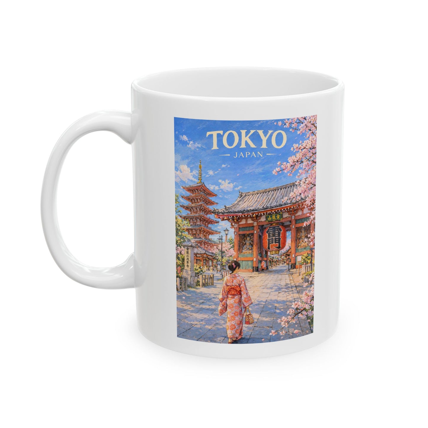 Tokyo Japan Mug, Cherry Blossom Japanese Pagoda Mug, Scenic Spring Landscape Ceramic Cup