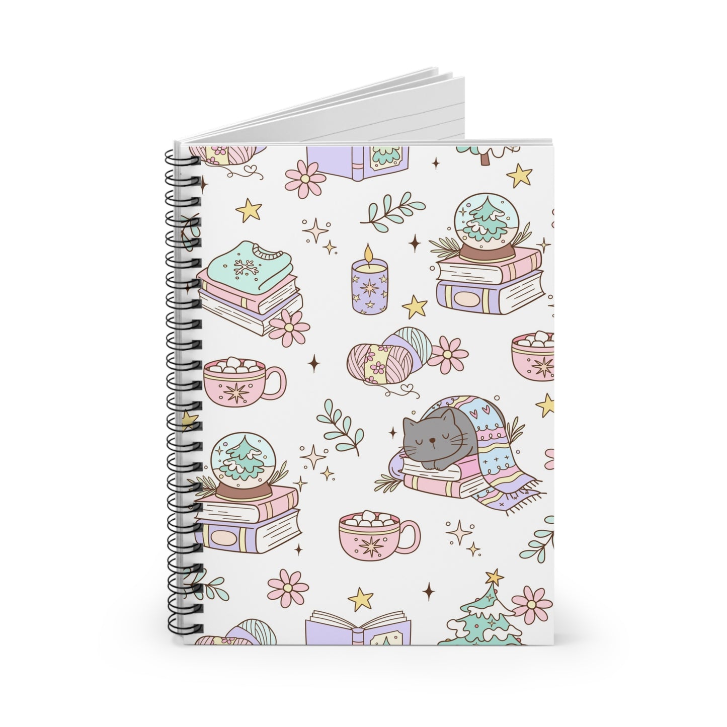 Cozy Cat Spiral Notebook - Cute Cat and Book Design for Cat Lovers, Journaling, Note Taking, Gifts, Home Office, Christmas