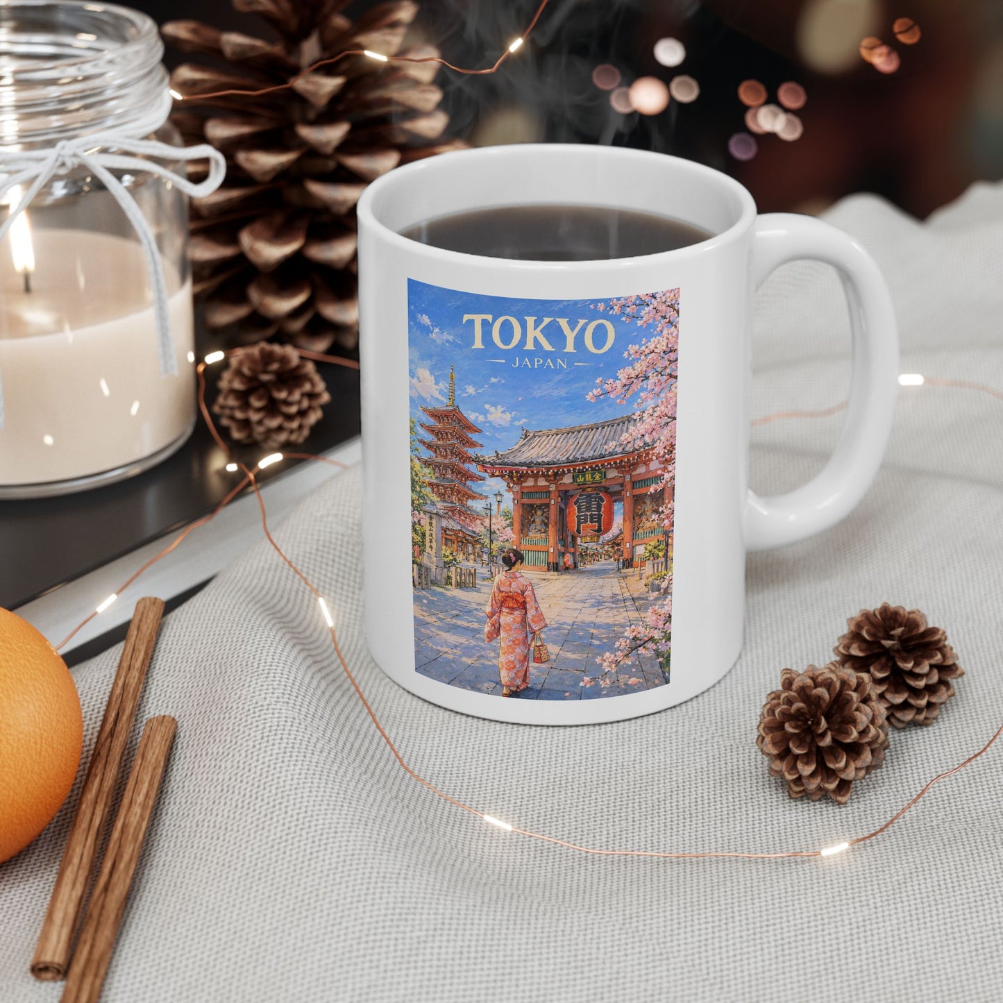 Tokyo Japan Mug, Cherry Blossom Japanese Pagoda Mug, Scenic Spring Landscape Ceramic Cup