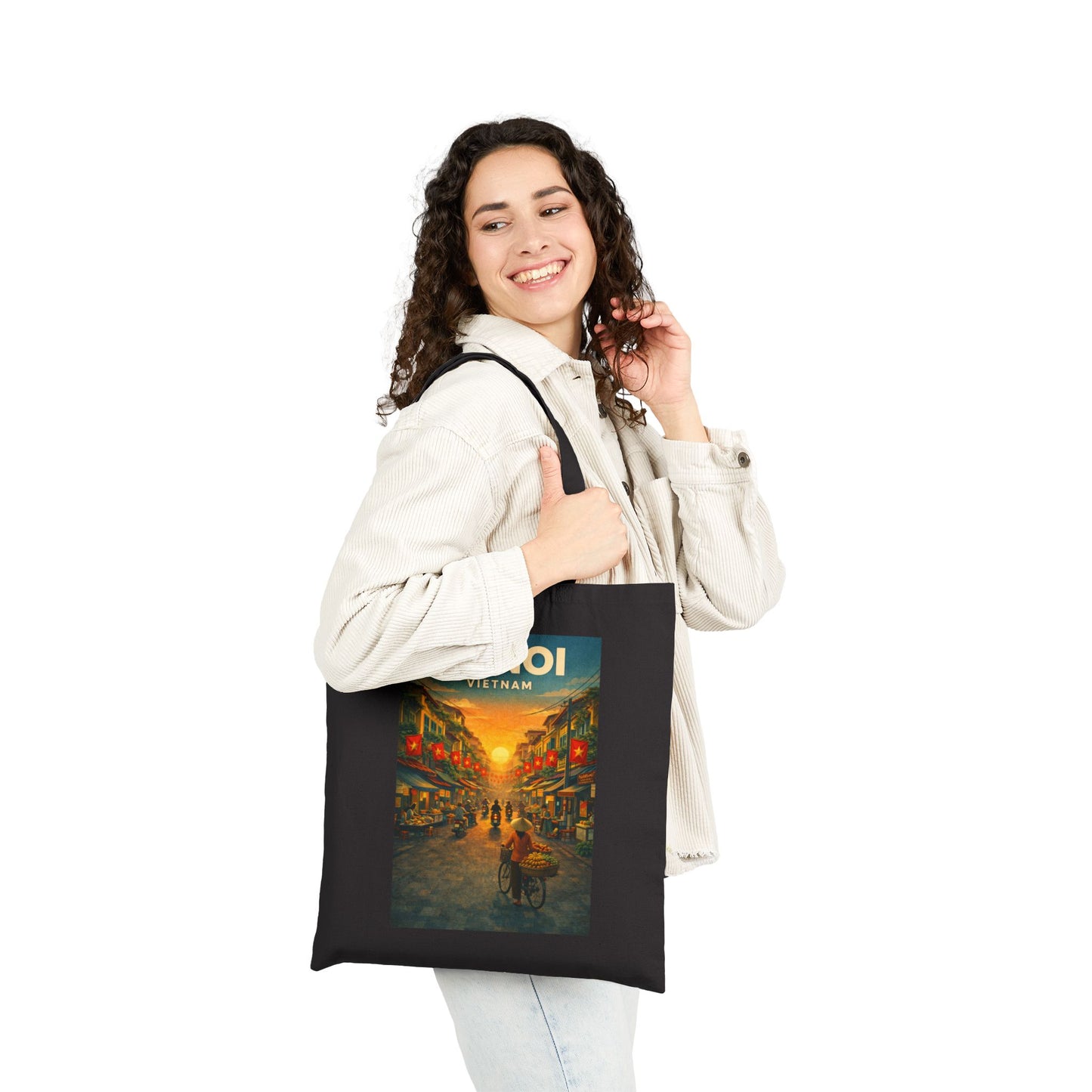 Hanoi Vintage Travel Poster Tote Bag, Old Quarter Vietnam Street Scene
