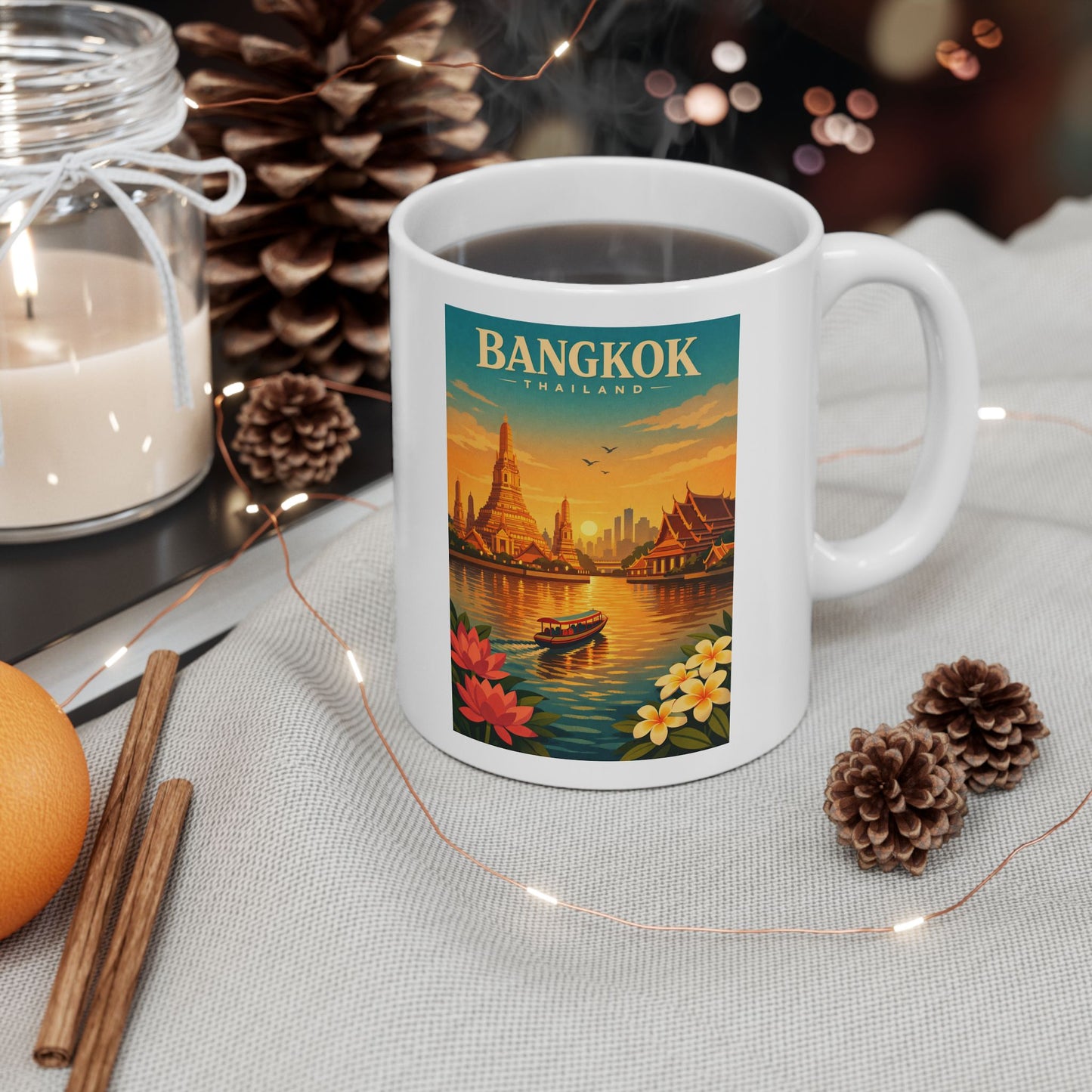Bangkok Vintage Travel Mug, Scenic Sunrise Cityscape Ceramic Mug, Wat Arun Mug