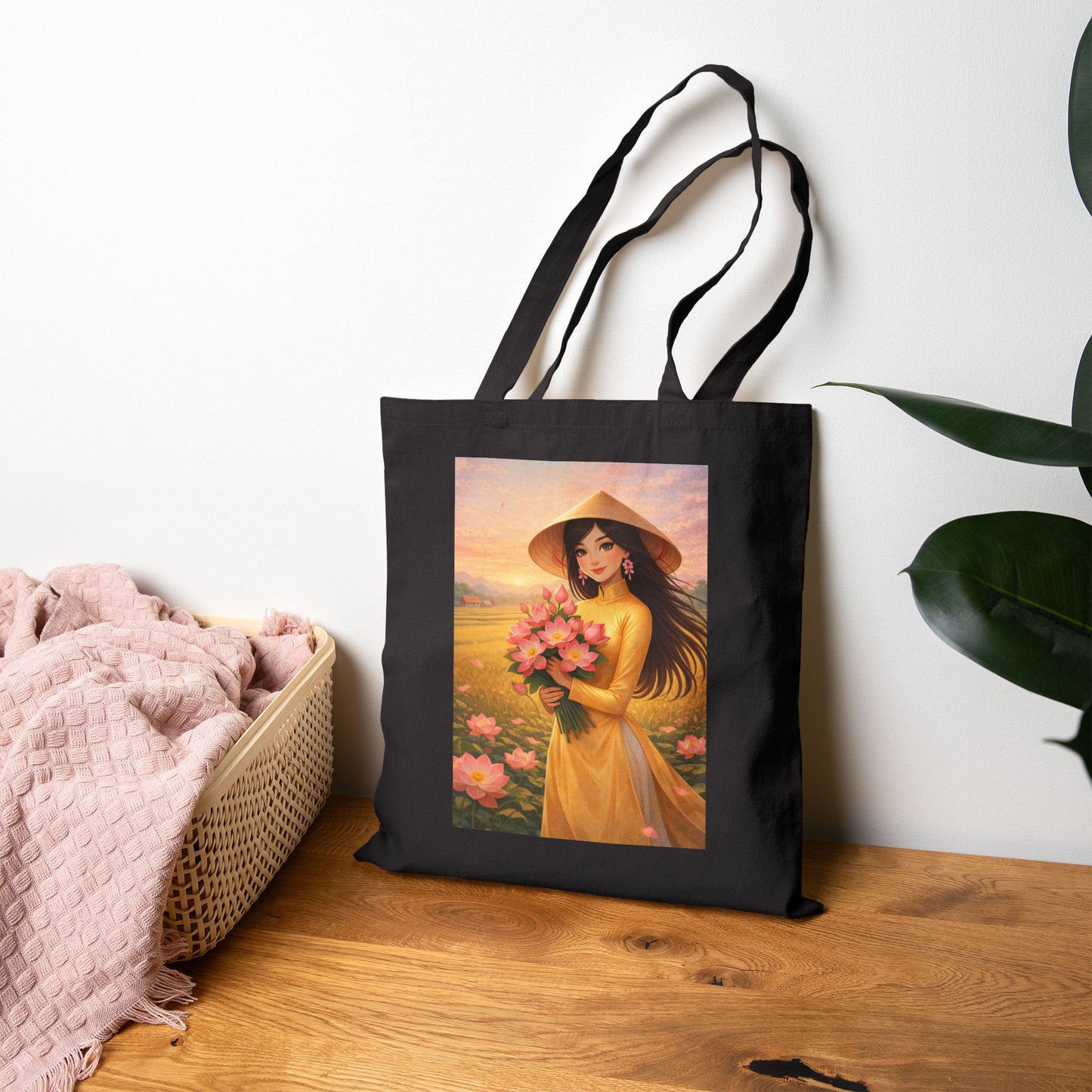 Vietnamese Woman in Ao Dai Tote Bag | Floral Sunset Art, Canvas Tote
