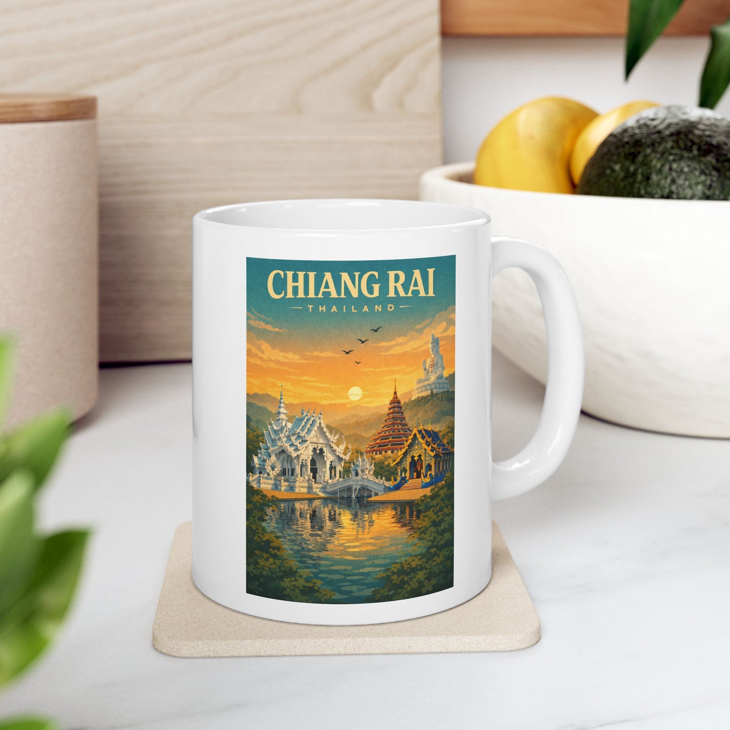 Chiang Rai Thailand Mug, Ceramic Coffee Cup, White Temple, Blue Temple Mug