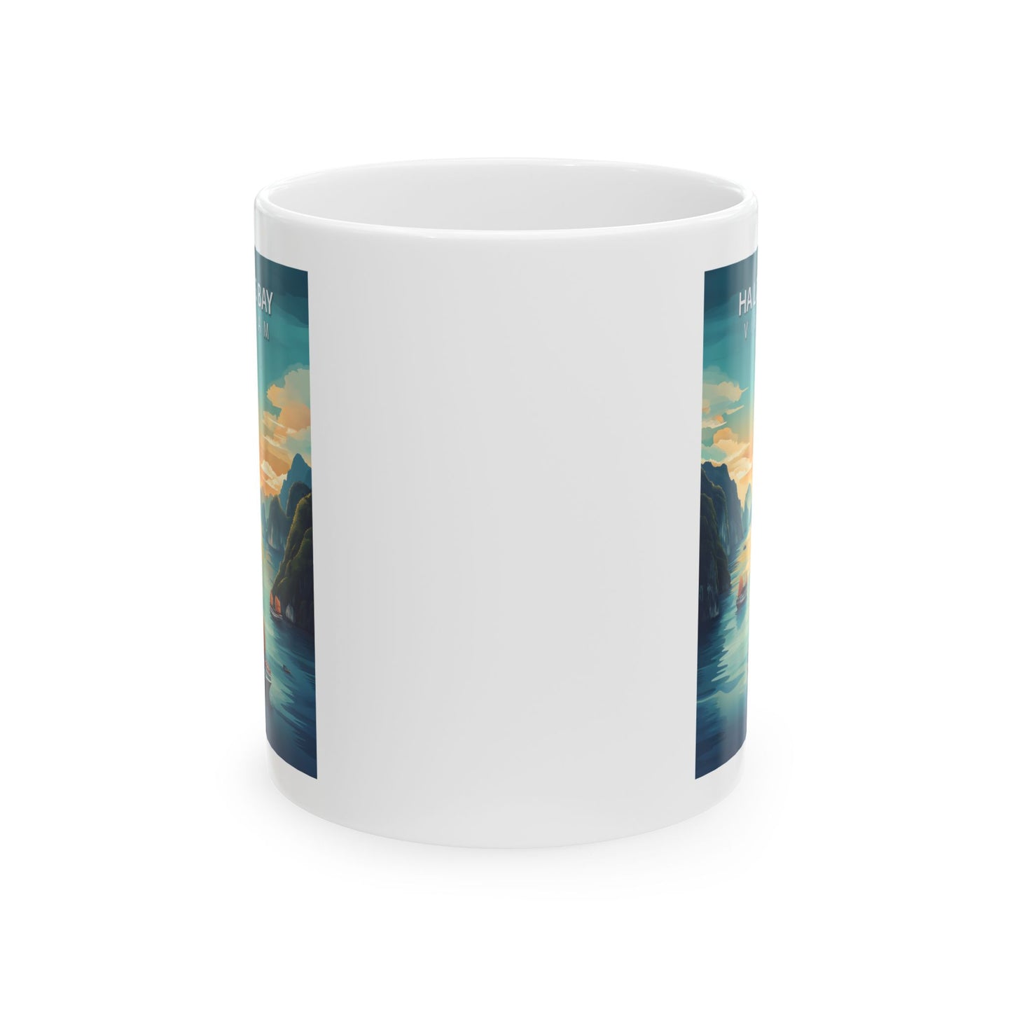Ha Long Bay Vietnam Mug, Sunset Cliff Illustration Mug, Scenic Seascape Ceramic Coffee Cup