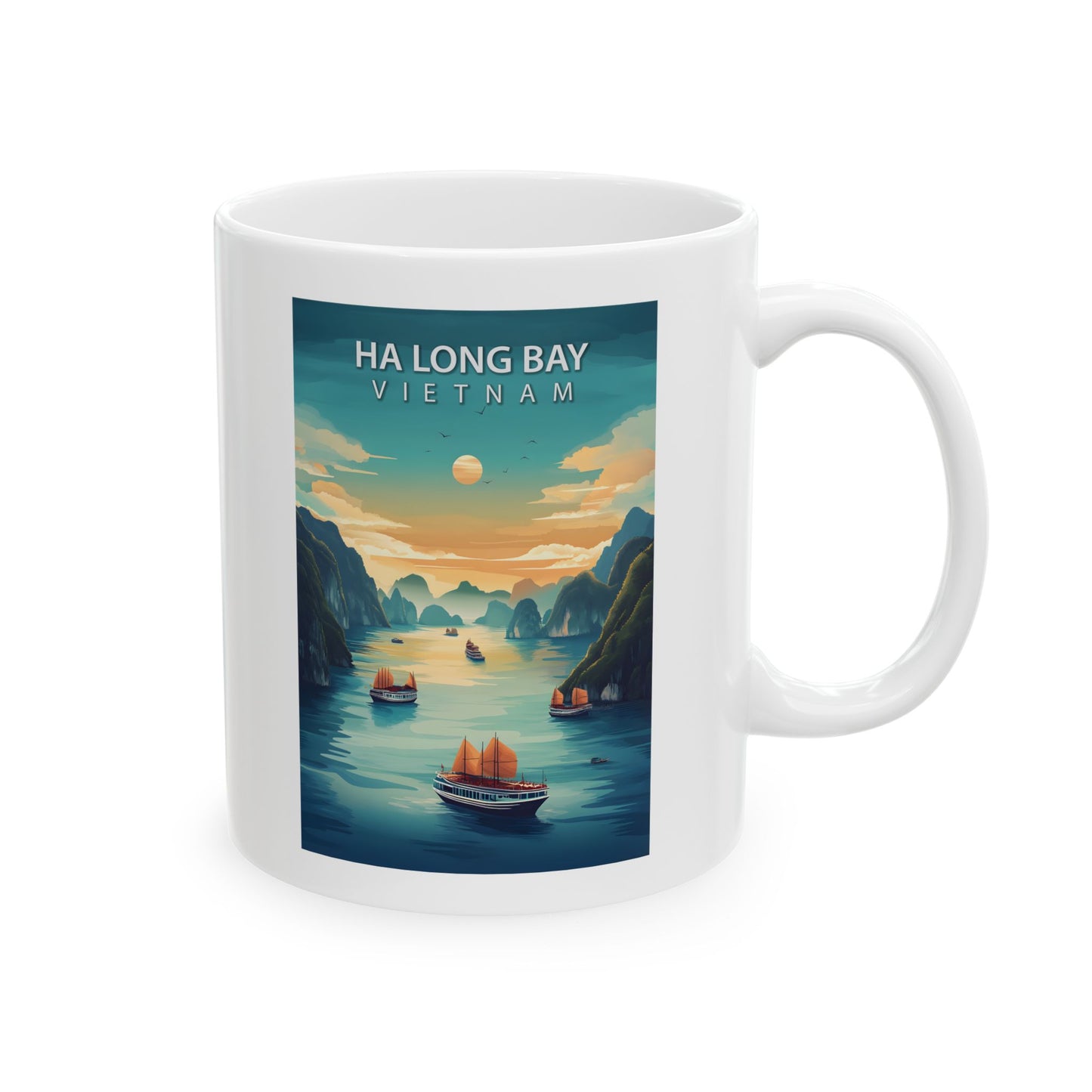 Ha Long Bay Vietnam Mug, Sunset Cliff Illustration Mug, Scenic Seascape Ceramic Coffee Cup