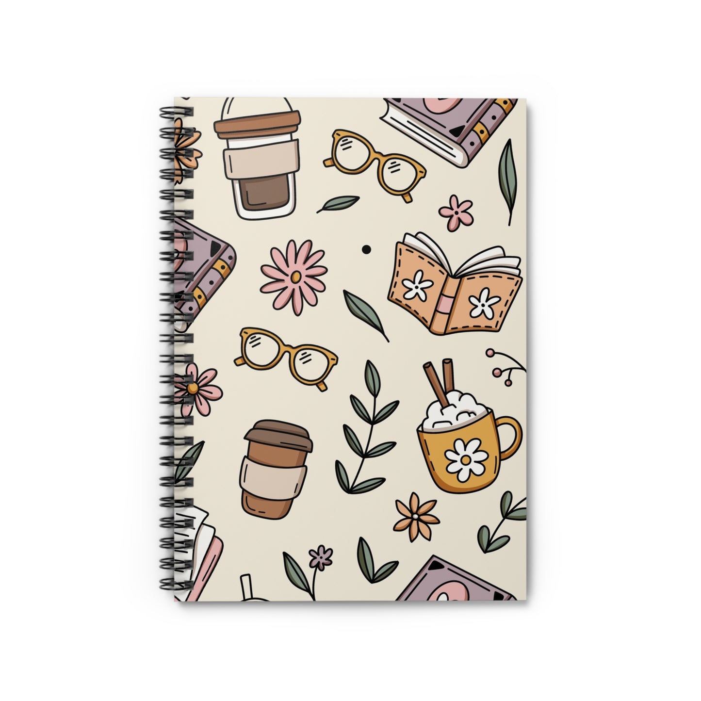 Cozy Book Lover's Spiral Notebook, Cute Notebook for Students, Journaling, Office Supplies, Gift for Tea and Coffee Lovers, School