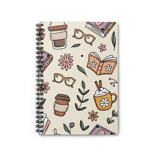 Cozy Book Lover's Spiral Notebook, Cute Notebook for Students, Journaling, Office Supplies, Gift for Tea and Coffee Lovers, School