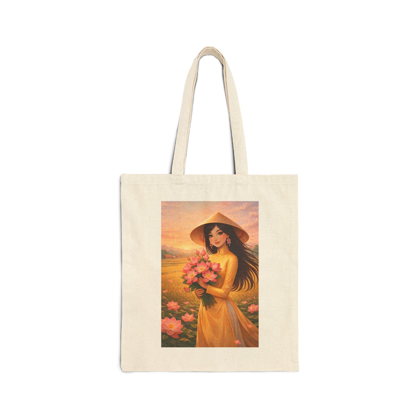 Vietnamese Woman in Ao Dai Tote Bag | Floral Sunset Art, Canvas Tote