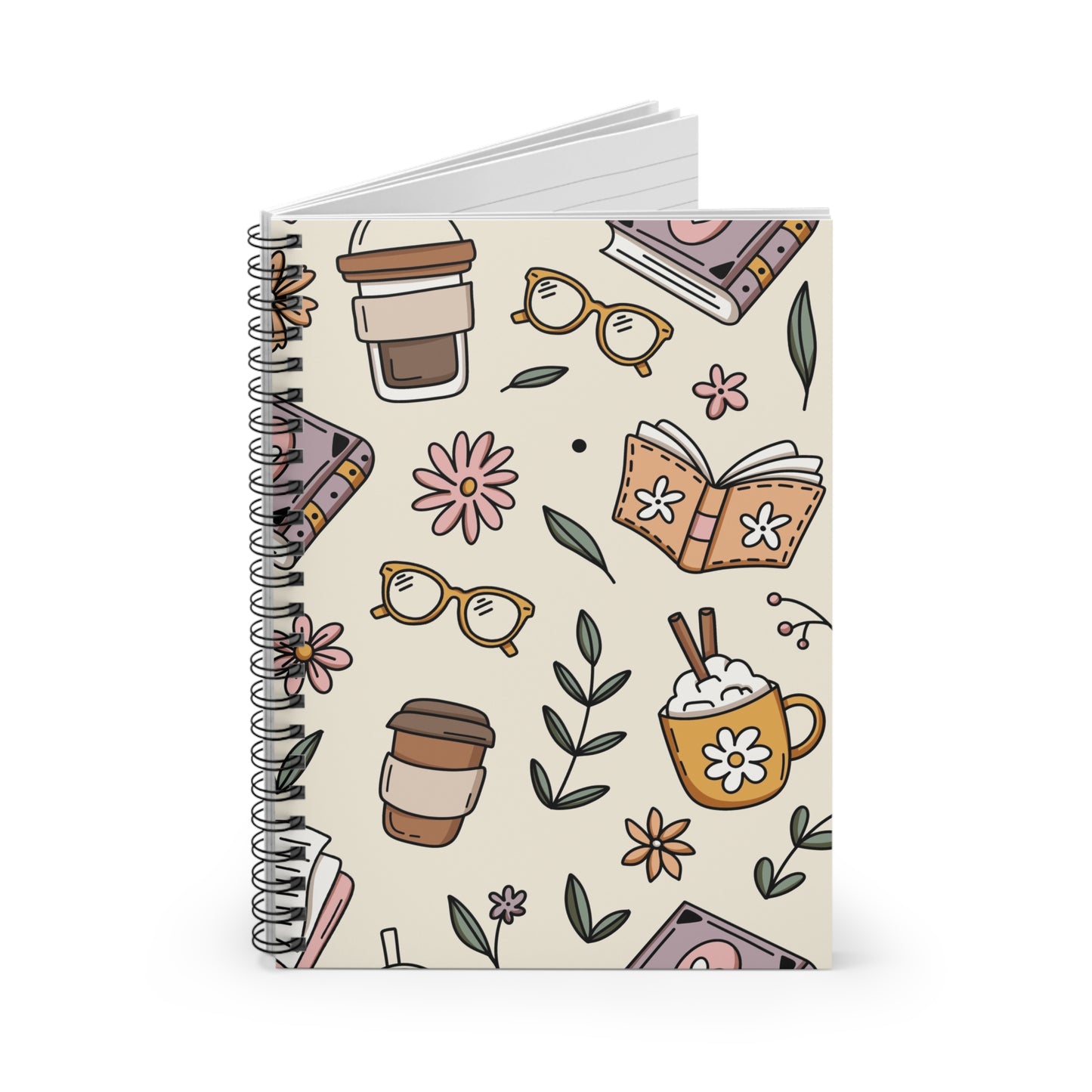 Cozy Book Lover's Spiral Notebook, Cute Notebook for Students, Journaling, Office Supplies, Gift for Tea and Coffee Lovers, School
