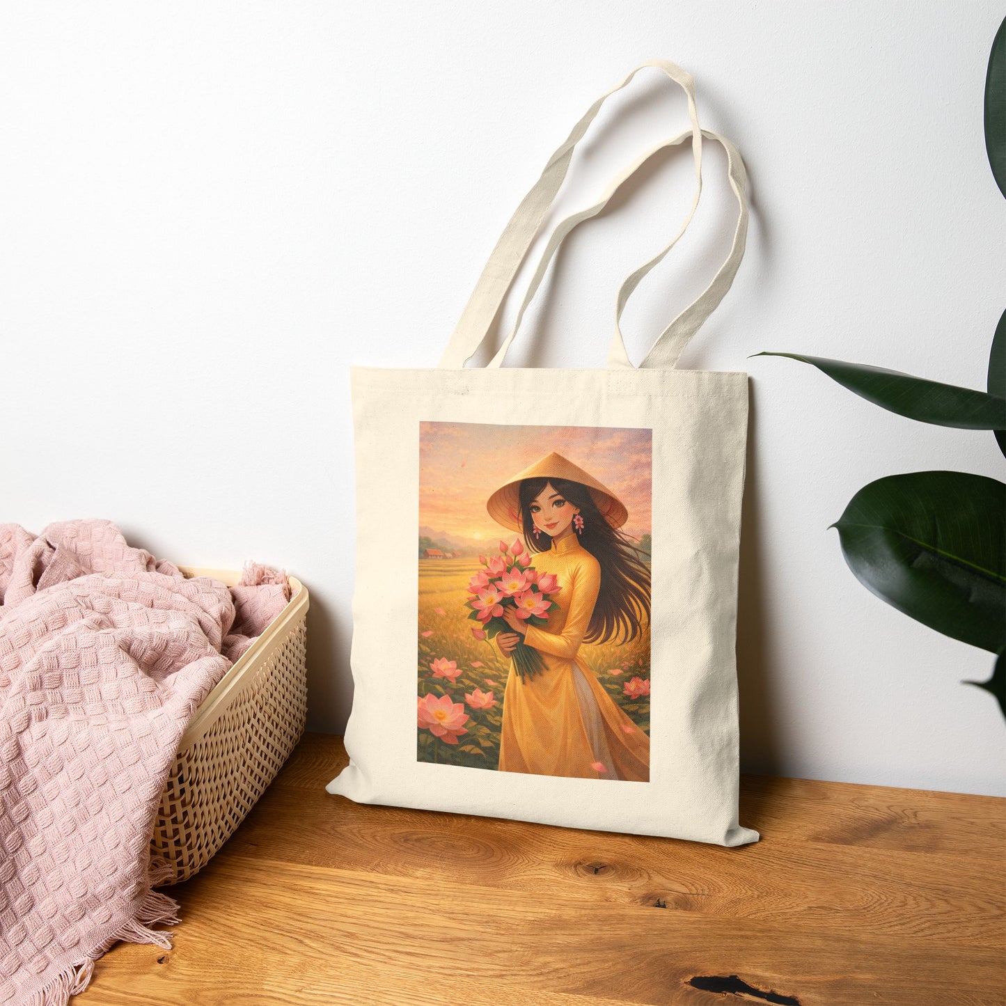 Vietnamese Woman in Ao Dai Tote Bag | Floral Sunset Art, Canvas Tote