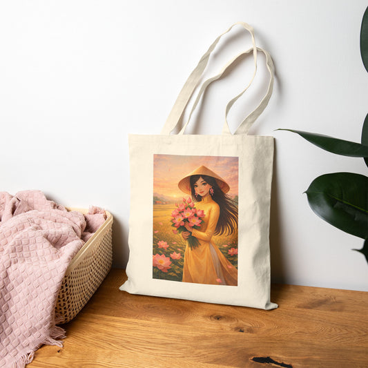 Vietnamese Woman in Ao Dai Tote Bag | Floral Sunset Art, Canvas Tote