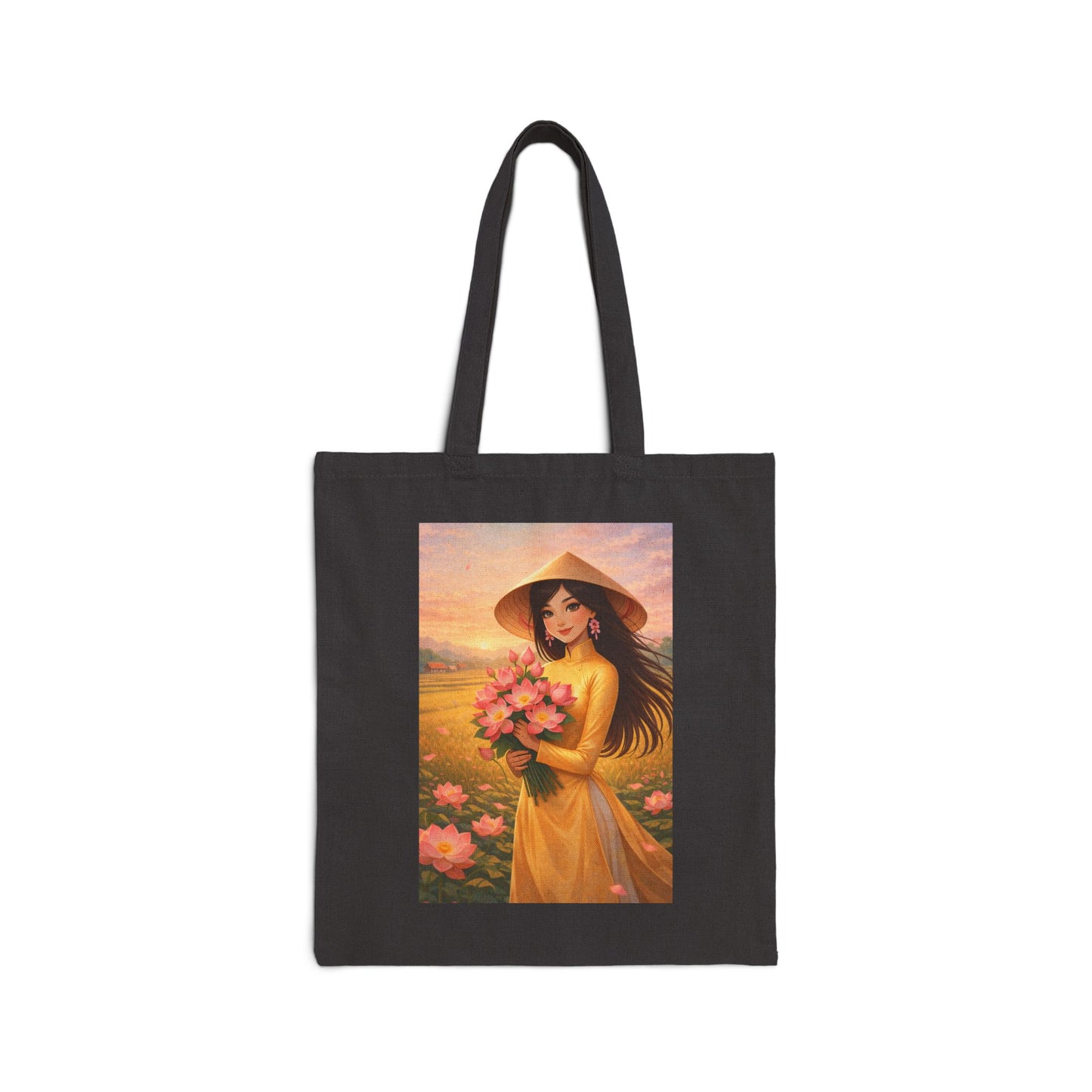 Vietnamese Woman in Ao Dai Tote Bag | Floral Sunset Art, Canvas Tote