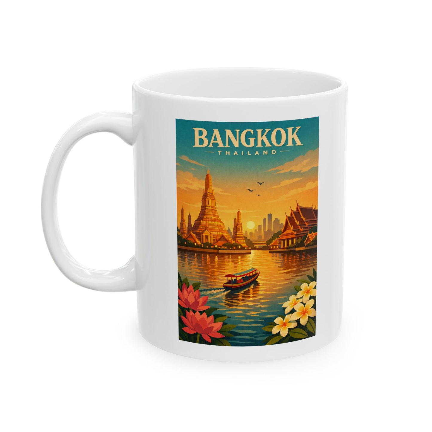 Bangkok Vintage Travel Mug, Scenic Sunrise Cityscape Ceramic Mug, Wat Arun Mug