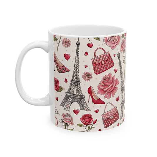 Chic Parisian Ceramic Mug, Stylish Coffee Cup for Fashion Lovers, Floral Eiffel Tower Drinkware, Perfect Gift for Holidays, Tea Lovers