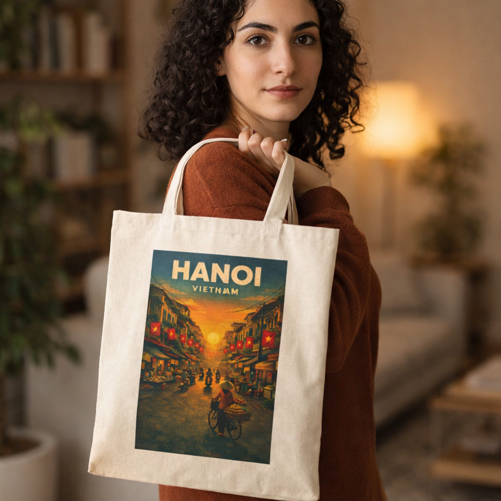 Hanoi Vintage Travel Poster Tote Bag, Old Quarter Vietnam Street Scene