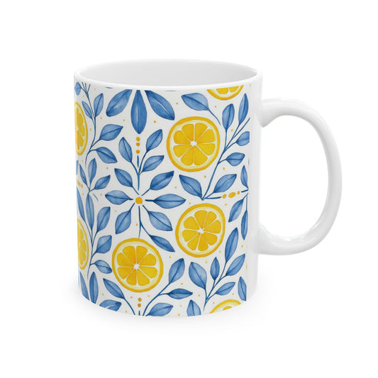 Lemon Ceramic Mug, Yellow Citrus Fruit Kitchen Decor, Lemon Tile Pattern Coffee Cup, Summer Drinkware, Gift for Lemon Lover