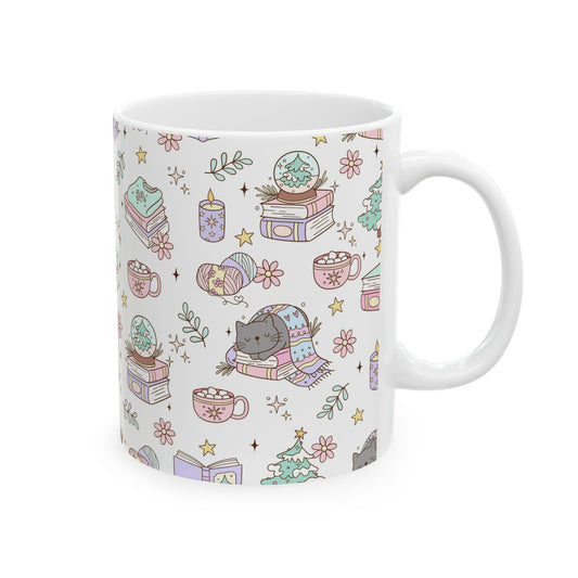Cozy Holiday Ceramic Mug, Cute Animal Design, Perfect for Christmas Gift, Winter, Book Lovers, Hot Chocolate