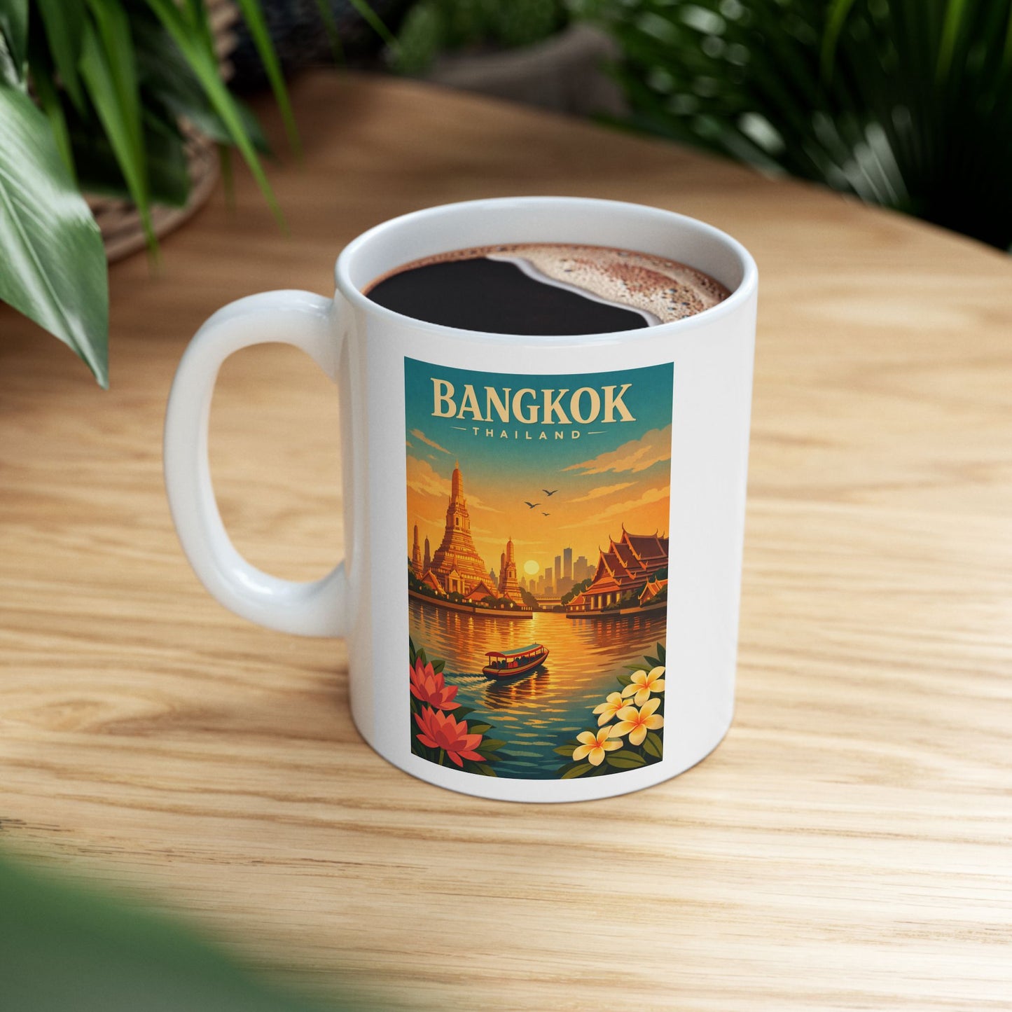 Bangkok Vintage Travel Mug, Scenic Sunrise Cityscape Ceramic Mug, Wat Arun Mug