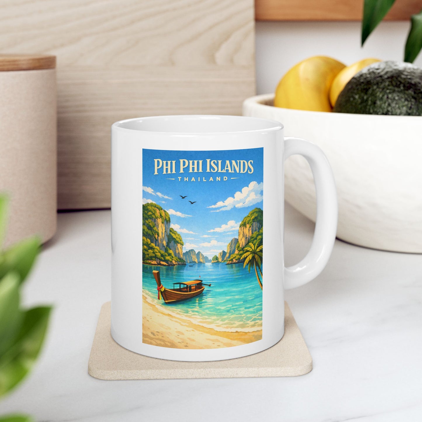 Phi Phi Islands Mug, Phuket Krabi Thailand Coffee Mug, Tropical Beach Scene Ocean Ceramic Mug