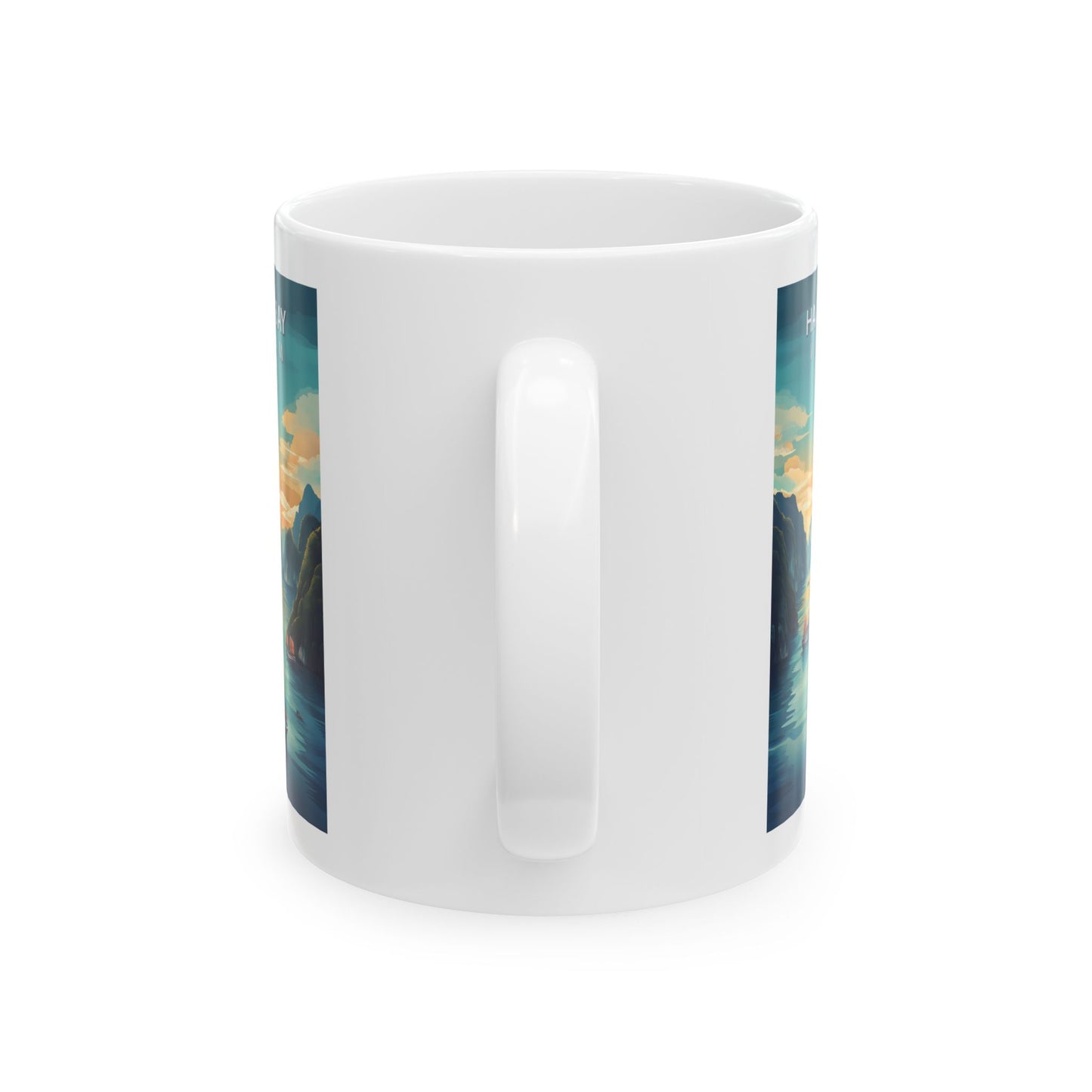 Ha Long Bay Vietnam Mug, Sunset Cliff Illustration Mug, Scenic Seascape Ceramic Coffee Cup