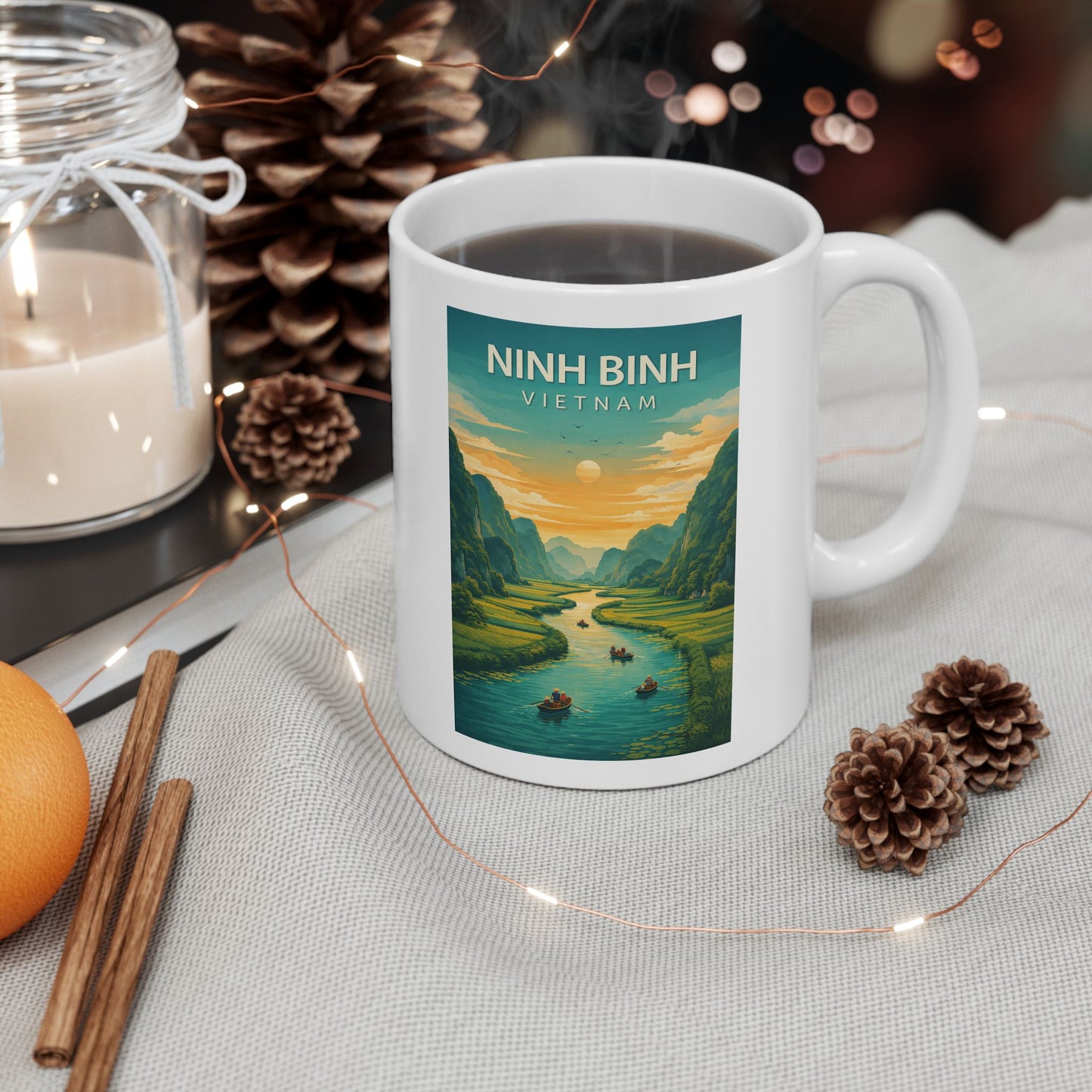 Ninh Binh Vietnam Mug, Mountain River Landscape Mug, Scenic Nature Coffee Cup