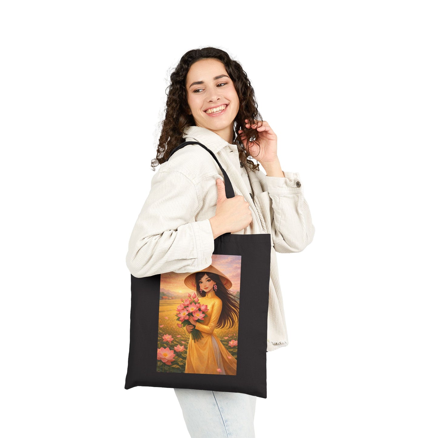 Vietnamese Woman in Ao Dai Tote Bag | Floral Sunset Art, Canvas Tote