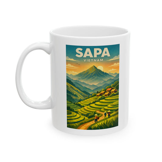 Sapa Vietnam Mug, Mountain Sunrise Scenic Coffee Cup, Vintage Travel Poster