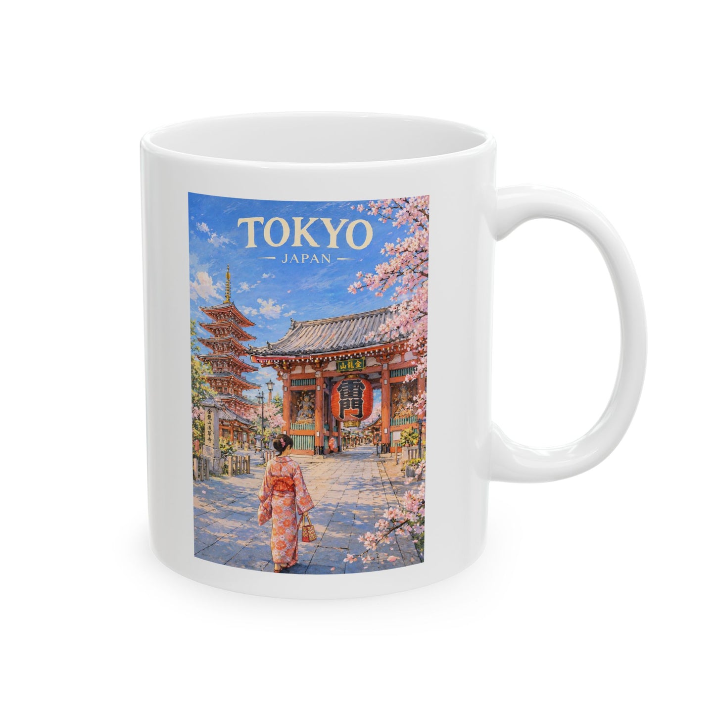 Tokyo Japan Mug, Cherry Blossom Japanese Pagoda Mug, Scenic Spring Landscape Ceramic Cup