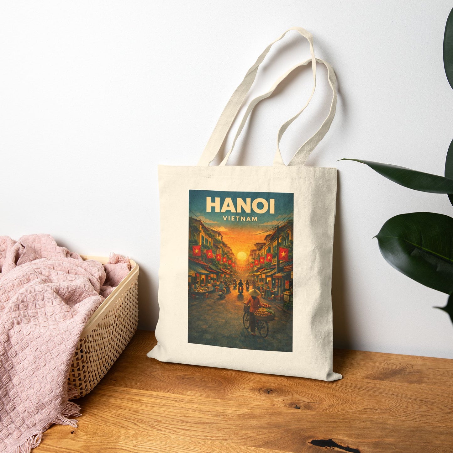 Hanoi Vintage Travel Poster Tote Bag, Old Quarter Vietnam Street Scene