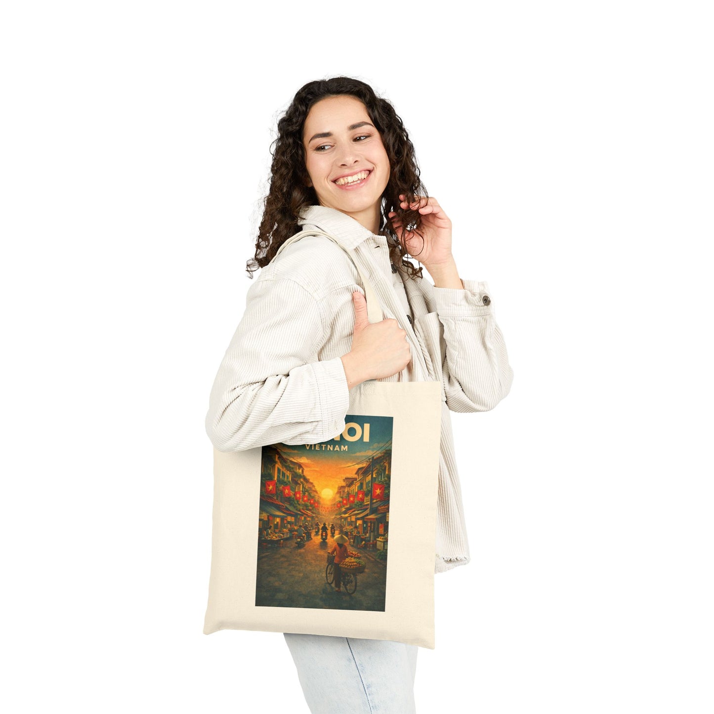 Hanoi Vintage Travel Poster Tote Bag, Old Quarter Vietnam Street Scene