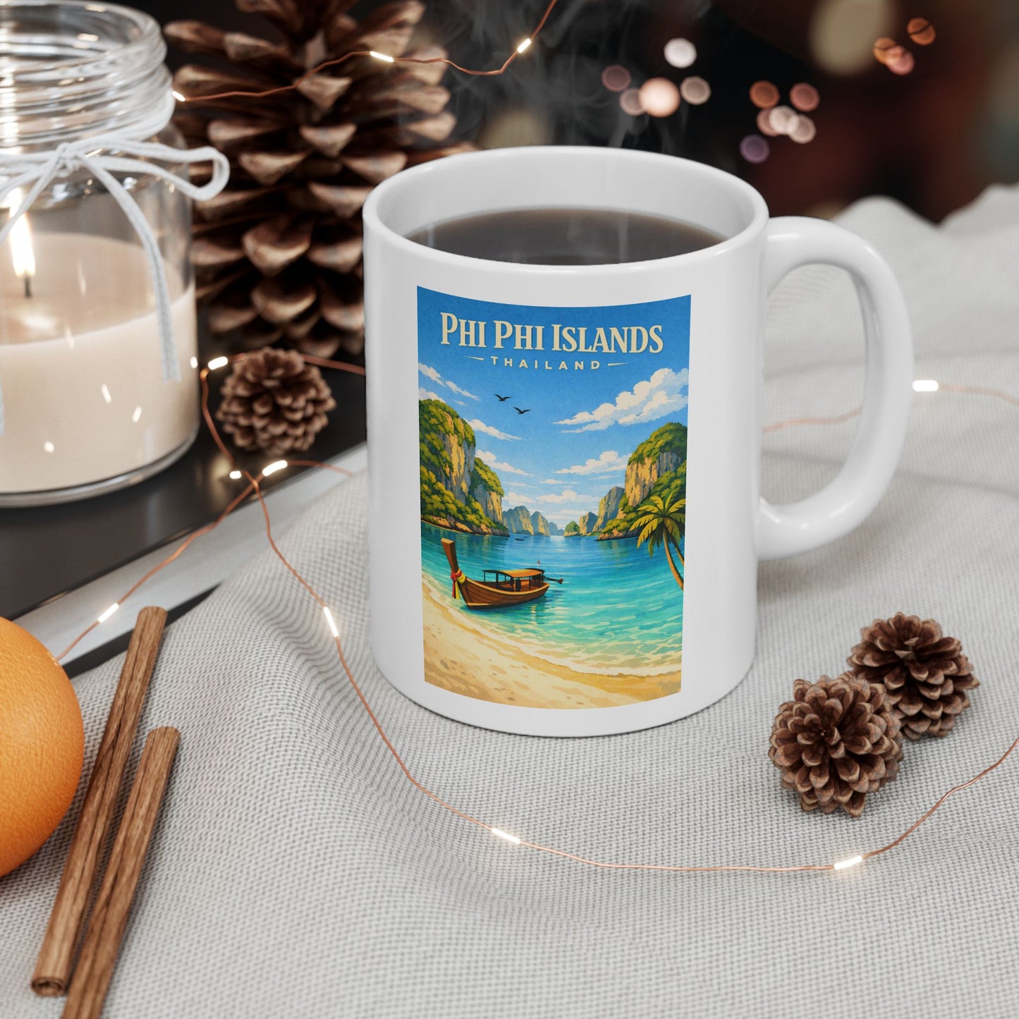 Phi Phi Islands Mug, Phuket Krabi Thailand Coffee Mug, Tropical Beach Scene Ocean Ceramic Mug