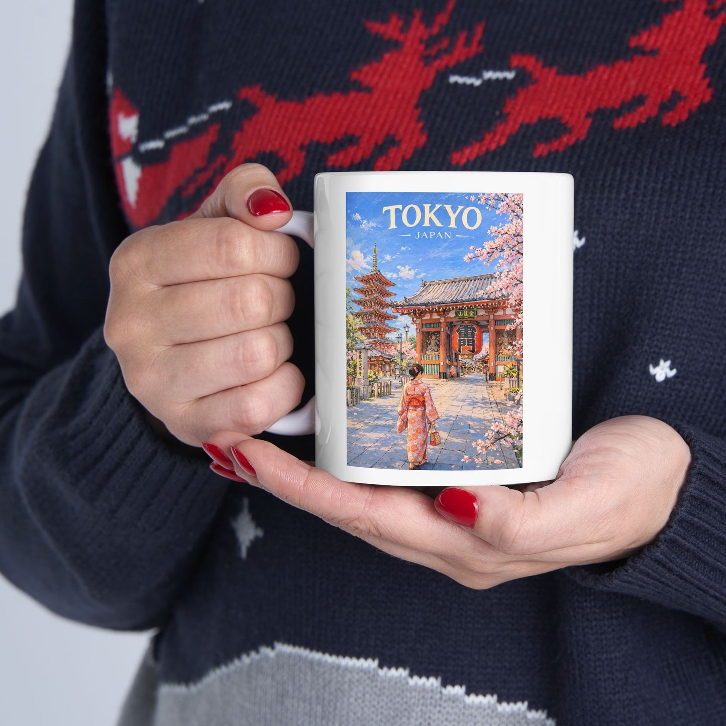 Tokyo Japan Mug, Cherry Blossom Japanese Pagoda Mug, Scenic Spring Landscape Ceramic Cup