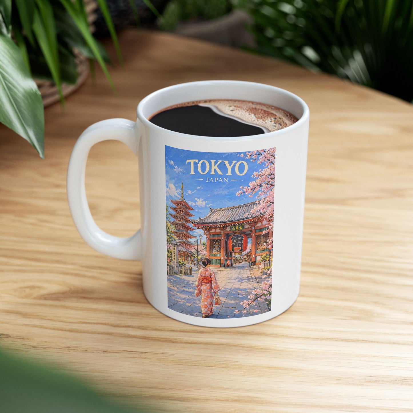 Tokyo Japan Mug, Cherry Blossom Japanese Pagoda Mug, Scenic Spring Landscape Ceramic Cup