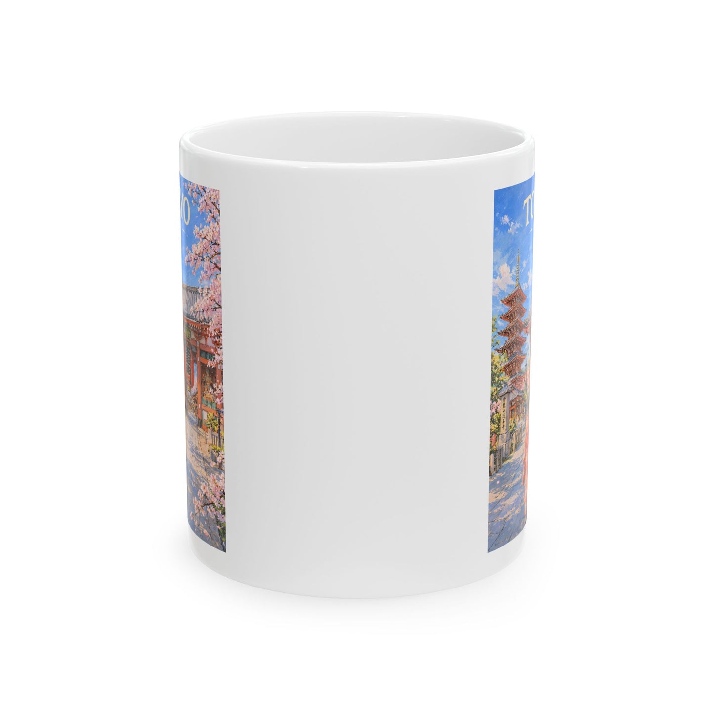 Tokyo Japan Mug, Cherry Blossom Japanese Pagoda Mug, Scenic Spring Landscape Ceramic Cup