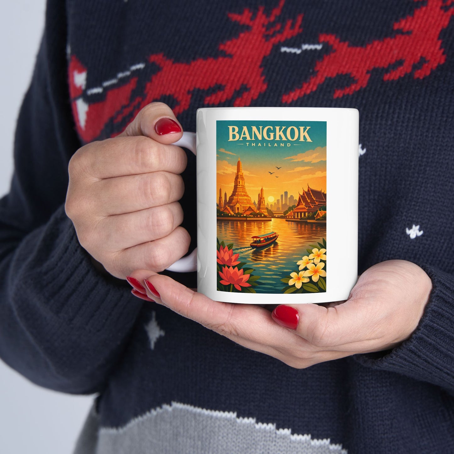 Bangkok Vintage Travel Mug, Scenic Sunrise Cityscape Ceramic Mug, Wat Arun Mug