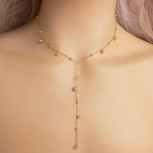 18K Gold Lariat Necklace with Round Golden Balls Stainless Steel - Minimalist Layering Jewelry