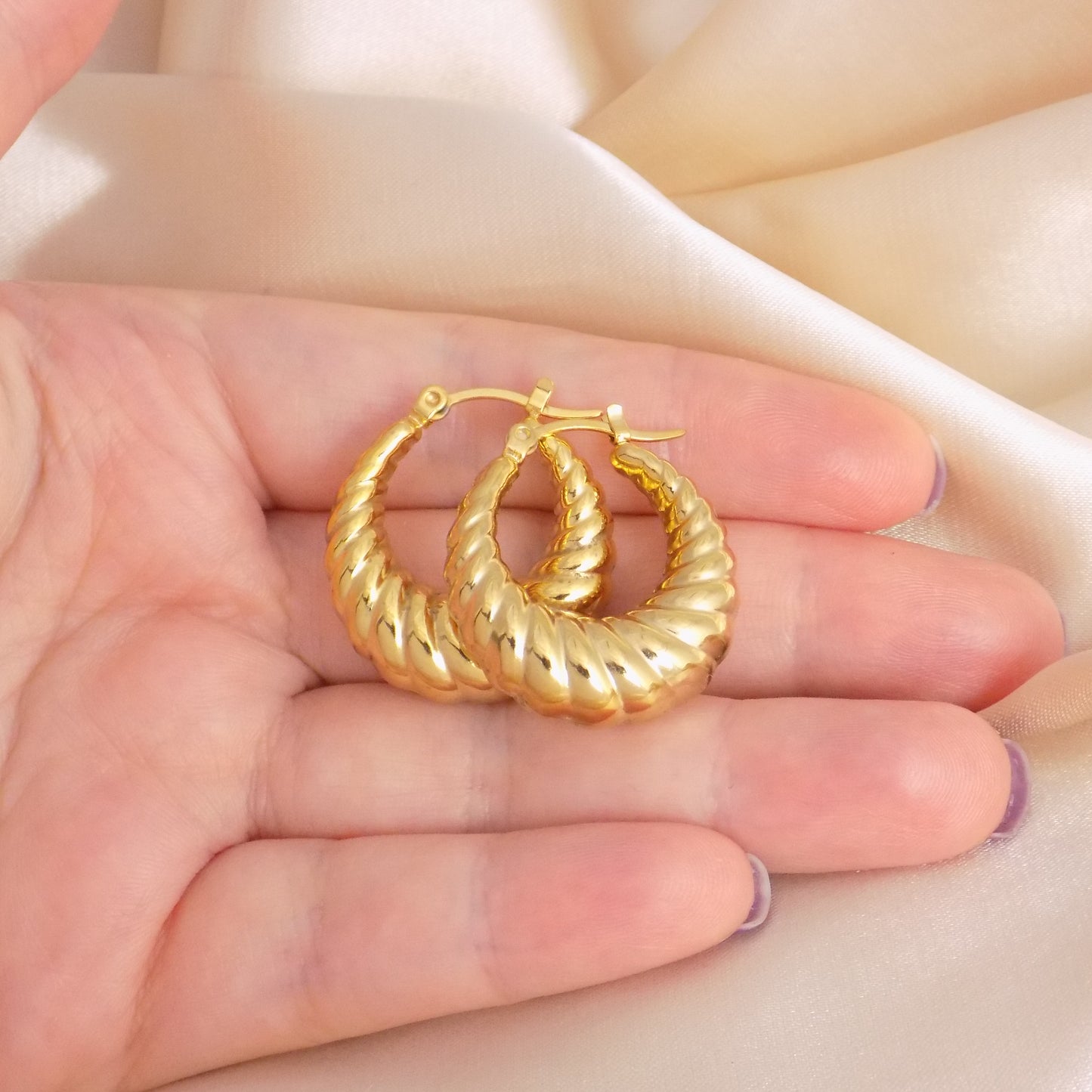 18K Gold Hoop Earrings Stainless Steel - Large Twisted Hoops - Trendy Modern Jewelry