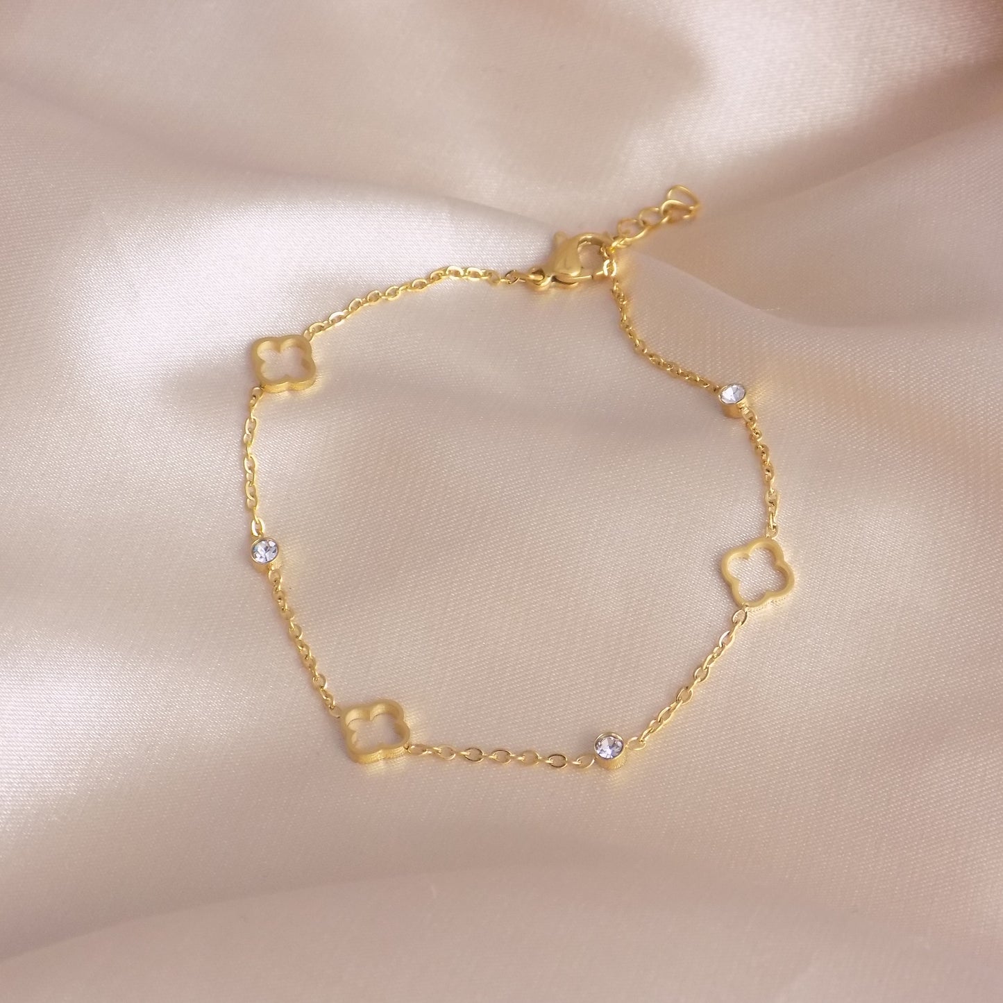 Dainty Gold Clover Bracelet with Cubic Zirconia Stones Adjustable Stainless Steel