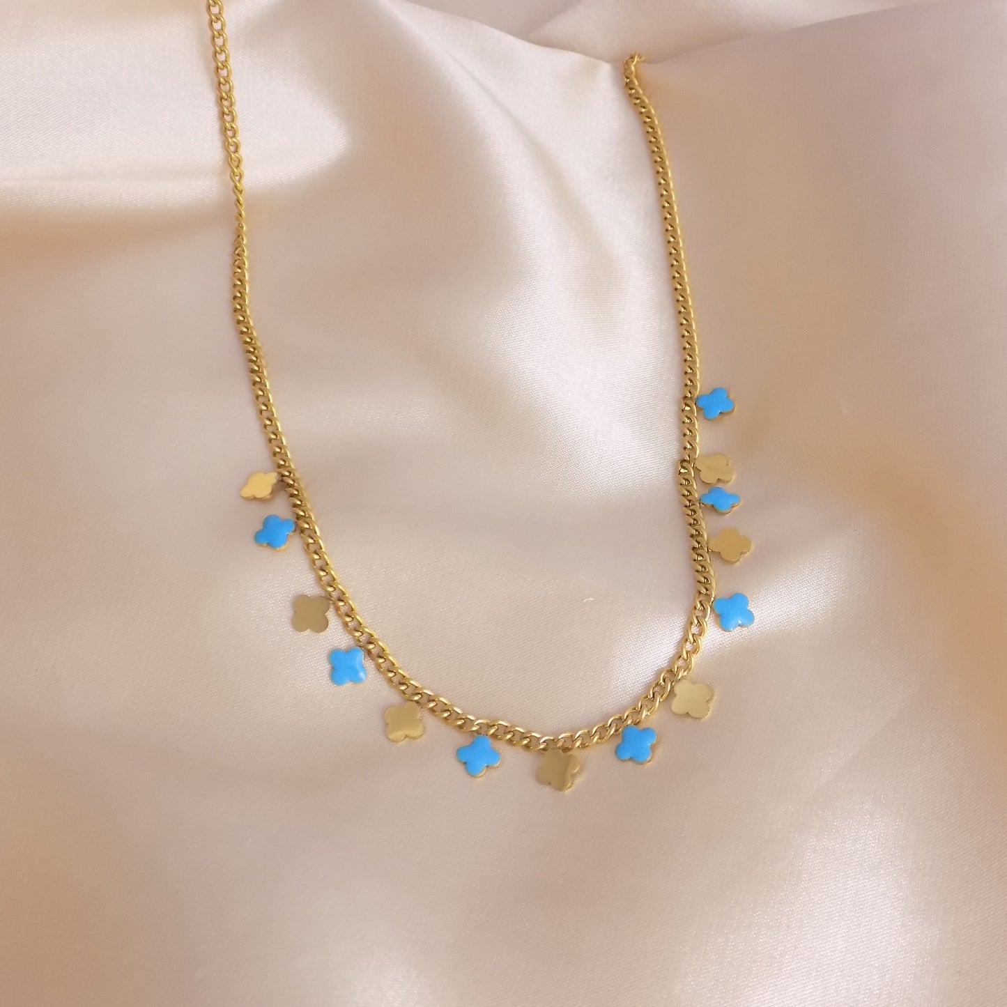 Gold Clover Necklace - Turquoise Enamel - 18K Gold Stainless steel