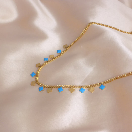 Gold Clover Necklace - Turquoise Enamel - 18K Gold Stainless steel