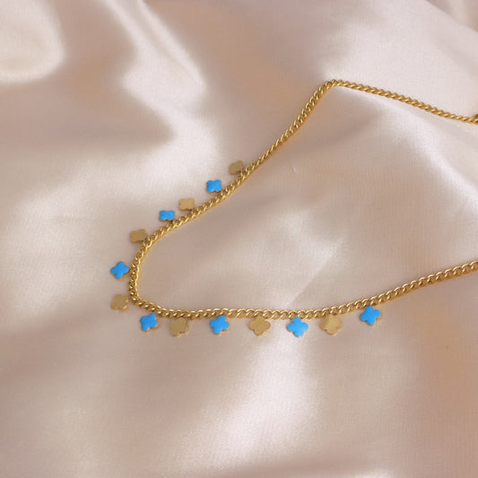 Gold Clover Necklace - Turquoise Enamel - 18K Gold Stainless steel