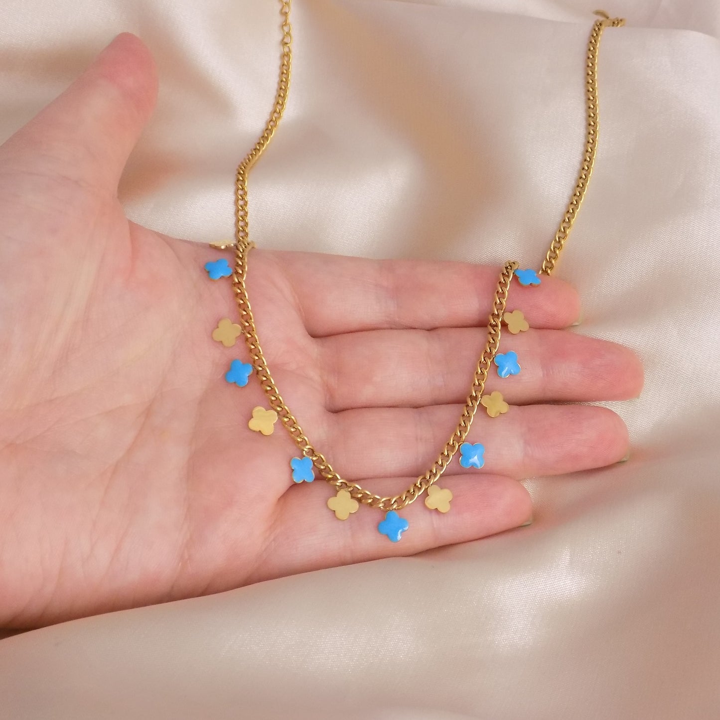 Gold Clover Necklace - Turquoise Enamel - 18K Gold Stainless steel