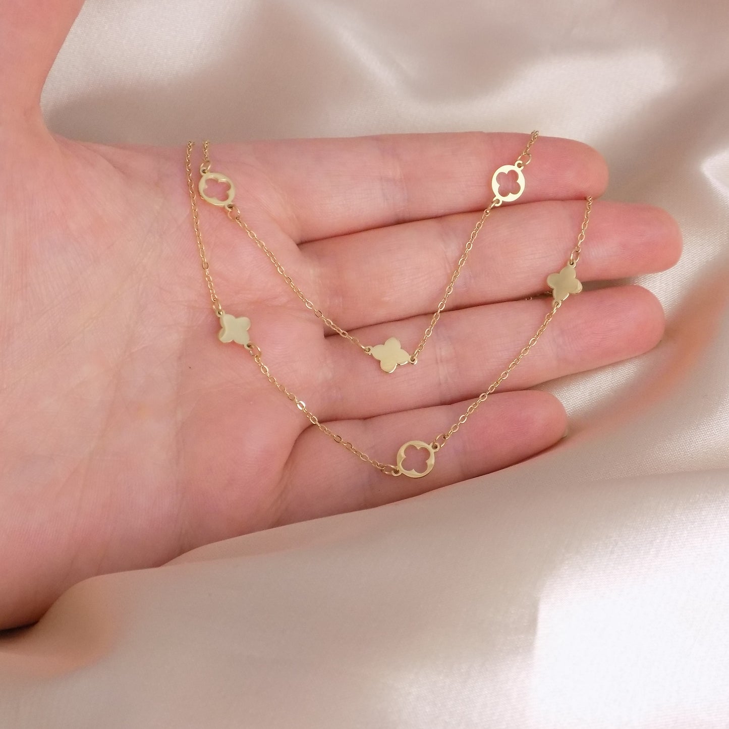 Double Strand Gold Minimalist Necklace with Clover Charms - Stainless Steel
